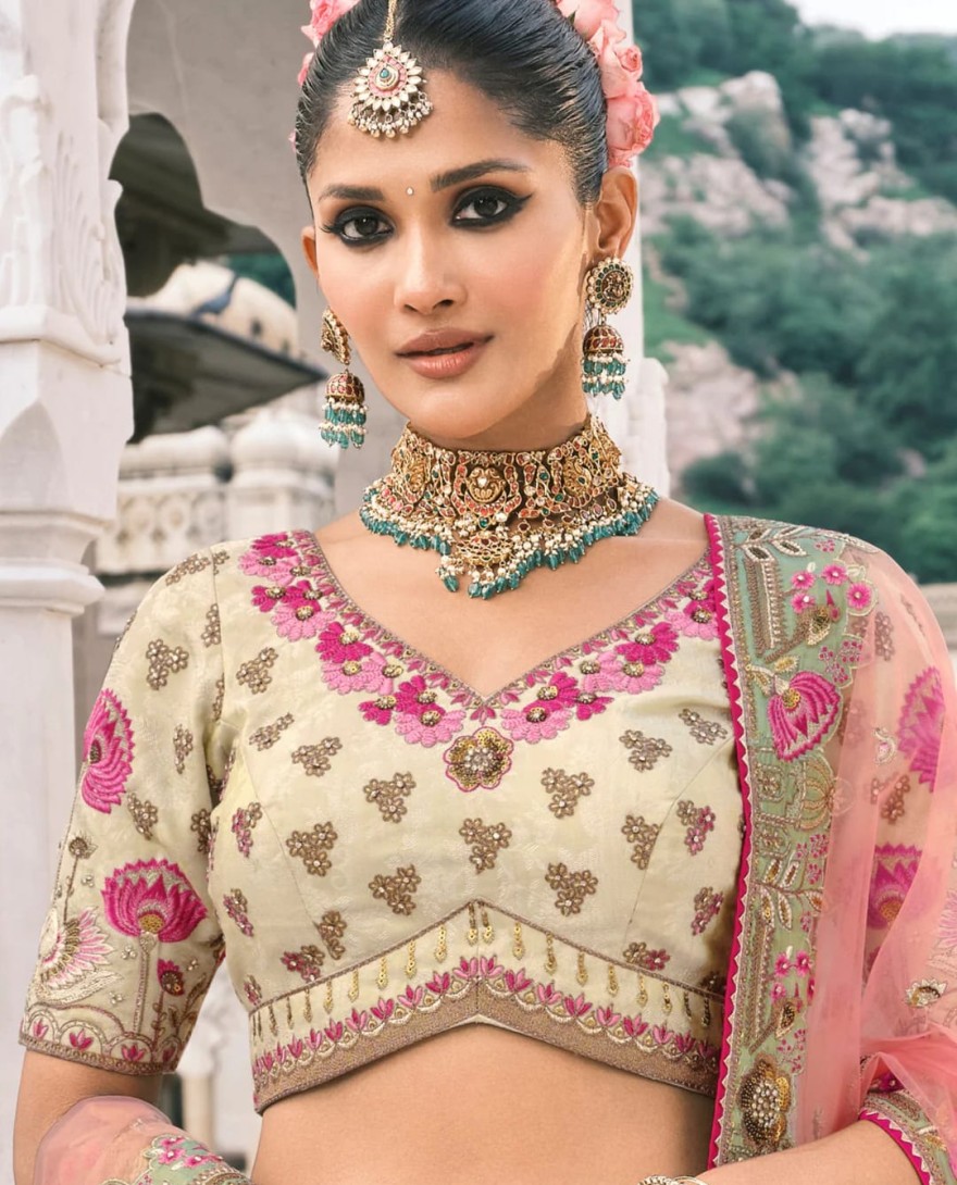 PEACH - Peach & Off-White Fancy Silk Lehenga Choli With Cut Work Embroidery Border & Stone Work